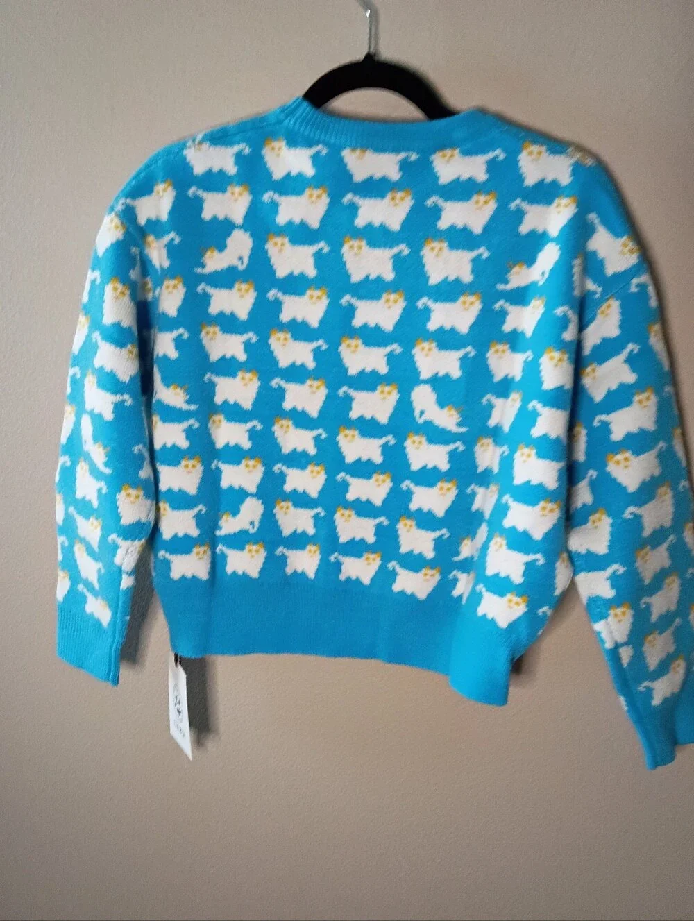 Cider Knit Sheep Cat Pattern Crop Sweater Sky Blue Long Sleeve Oversized XS NWT
